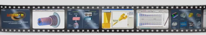 A film strip displays various software interface screenshots, featuring charts, diagrams, and 3D models.