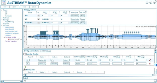 Screenshot of AxSTREAM RotorDynamics software interface showing rotor design with various technical parameters and graphs.