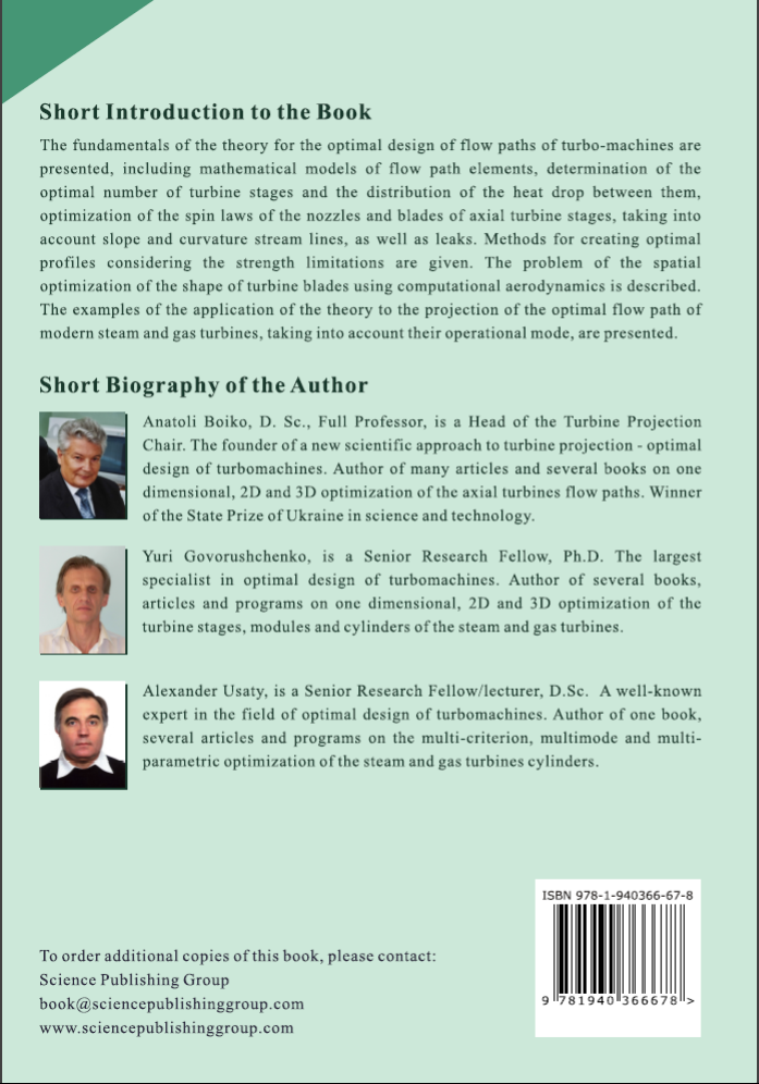 Back cover of a book about turbo-machine flow paths featuring a short introduction and author biographies, along with publisher contact details at the bottom.