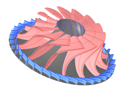 3D model of a turbine blade assembly with red and blue blades arranged in a circular pattern.