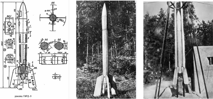 Hybrid Rocket GIRD-09 Before Launch - three images: left scheme, middle black and white image of the rocket prelaunch, right black and white image of a LRE